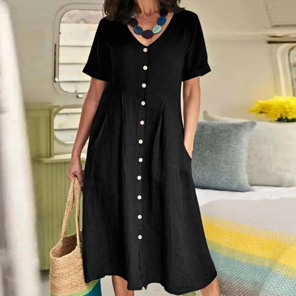 Women's Midi Dress - A-line - Button Closure - V-neck - Short Sleeve - With Pockets - Breathable Fabric