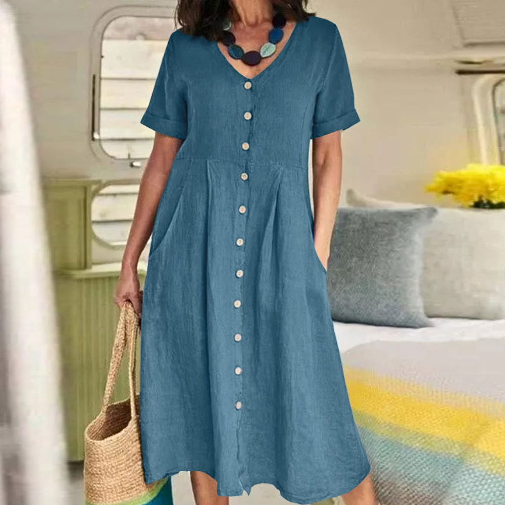 Women's Midi Dress - A-line - Button Closure - V-neck - Short Sleeve - With Pockets - Breathable Fabric