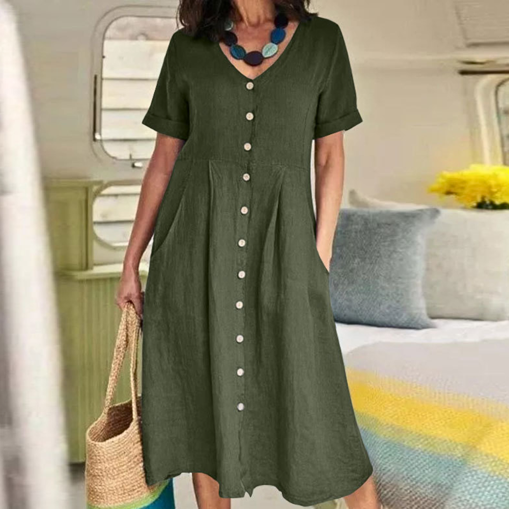 Women's Midi Dress - A-line - Button Closure - V-neck - Short Sleeve - With Pockets - Breathable Fabric