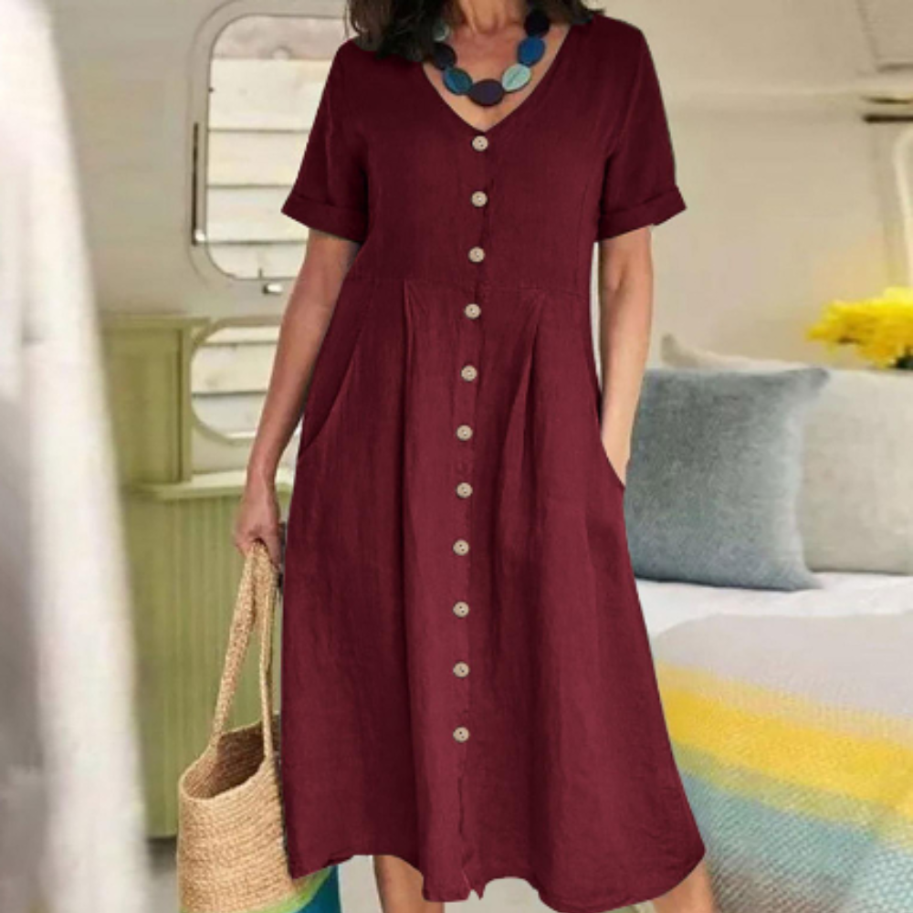 Women's Midi Dress - A-line - Button Closure - V-neck - Short Sleeve - With Pockets - Breathable Fabric