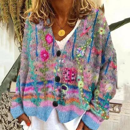 Women's Cardigan - Oversized Knit - Floral Pattern - V-Neck Button Closure