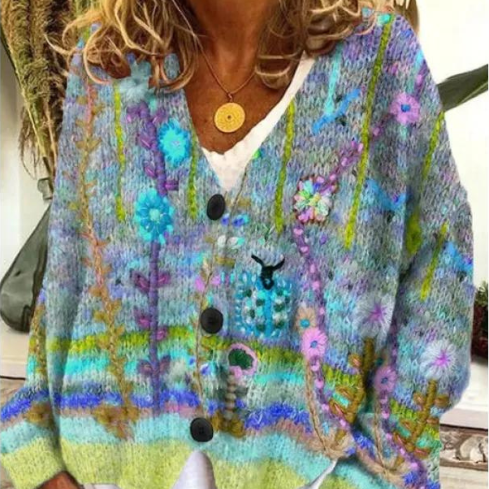 Women's Cardigan - Oversized Knit - Floral Pattern - V-Neck Button Closure