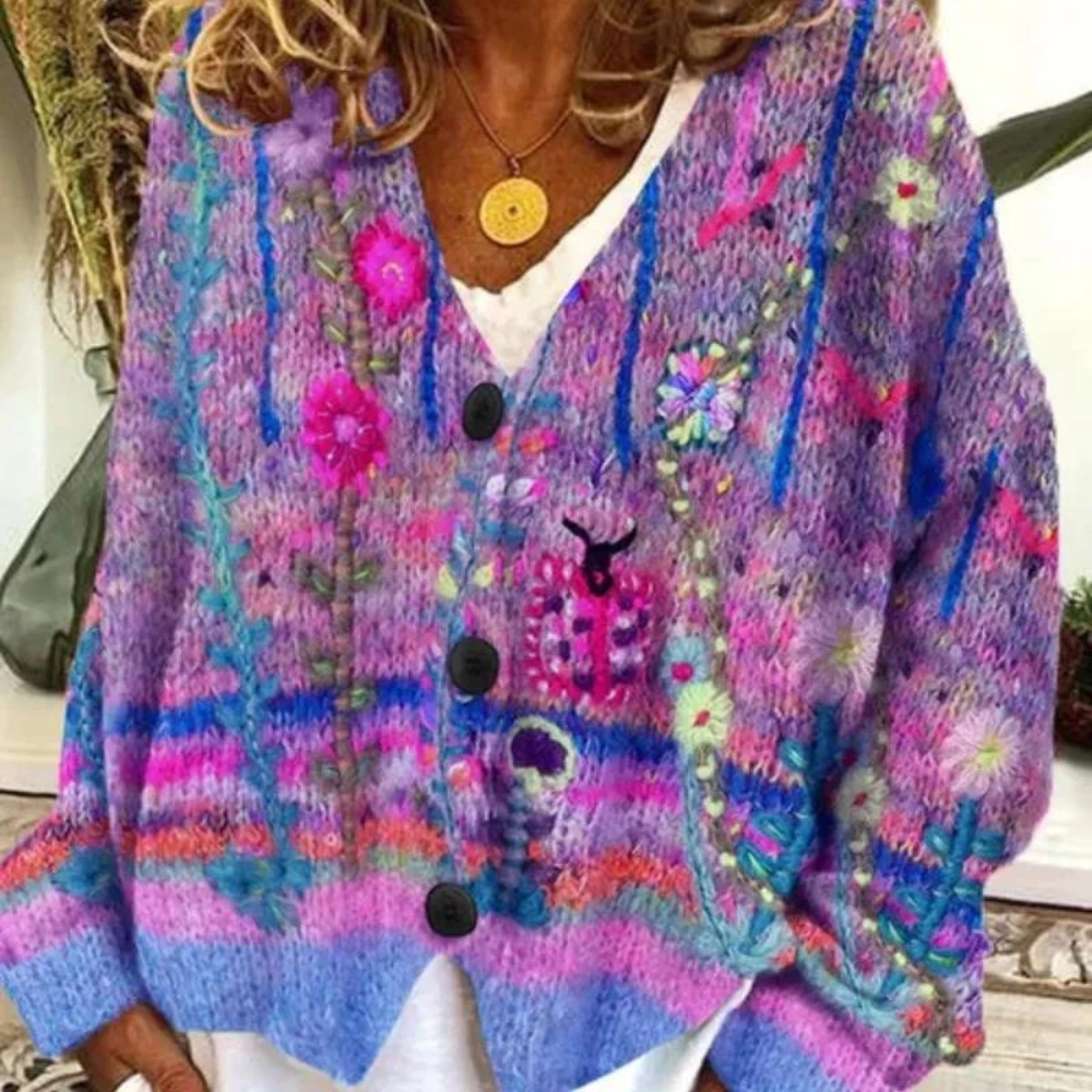 Women's Cardigan - Oversized Knit - Floral Pattern - V-Neck Button Closure