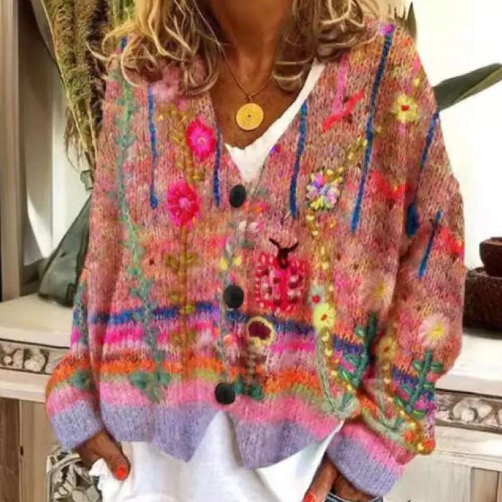 Women's Cardigan - Oversized Knit - Floral Pattern - V-Neck Button Closure