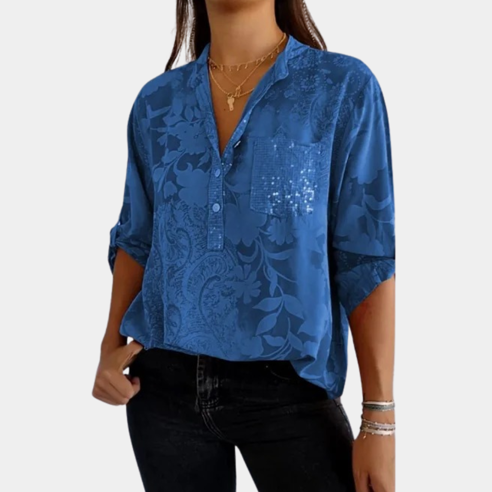 Women's Blouse - Loose Fit - V-Neck with Buttons - Floral Print - Chest Pocket with Sequins