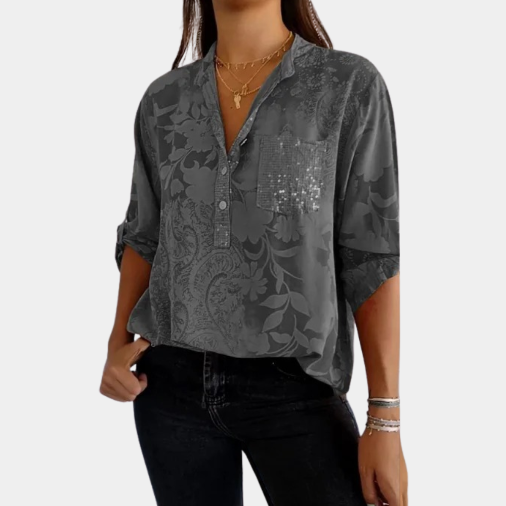 Women's Blouse - Loose Fit - V-Neck with Buttons - Floral Print - Chest Pocket with Sequins