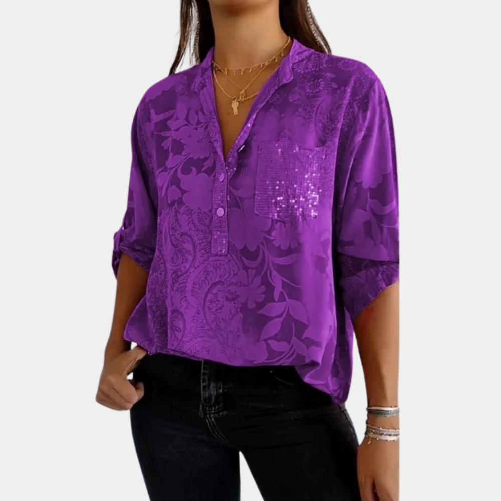 Women's Blouse - Loose Fit - V-Neck with Buttons - Floral Print - Chest Pocket with Sequins