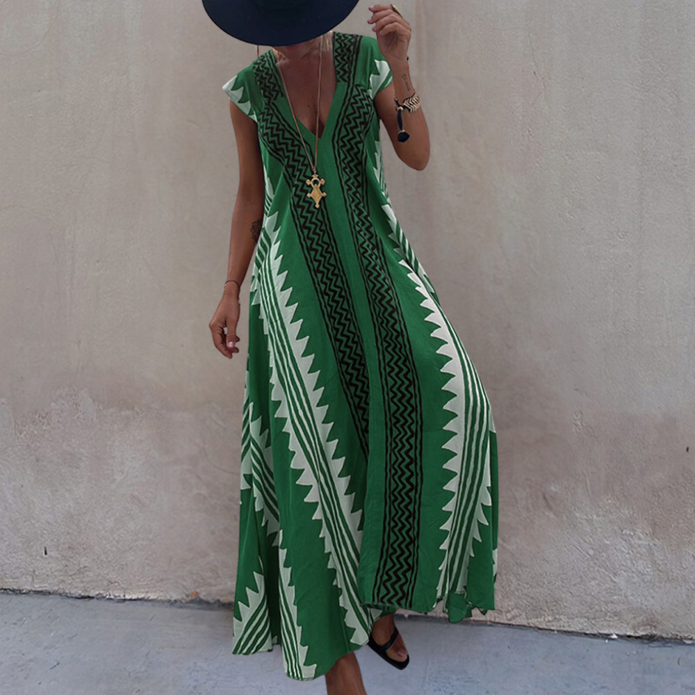Women's Maxi Dress - Sleeveless V-neck - Light and Loose Fit - Geometric Pattern