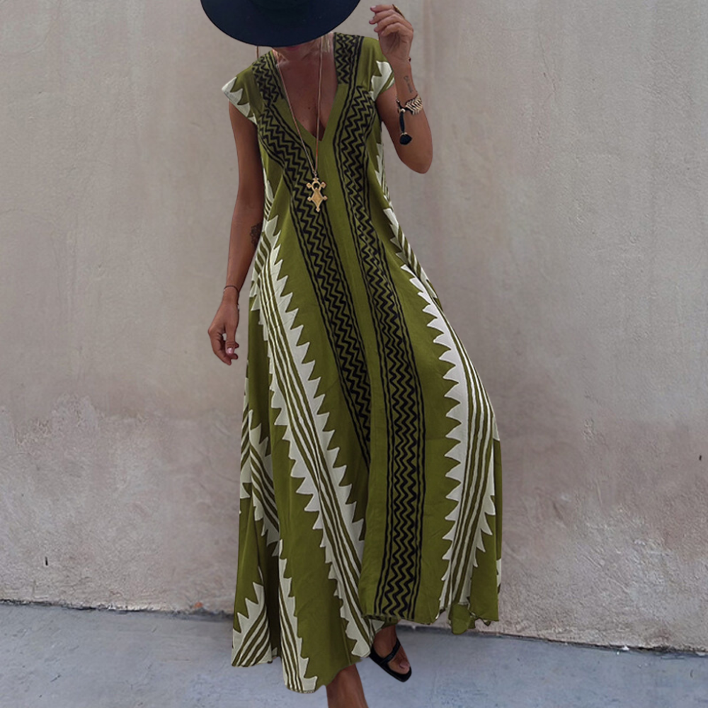 Women's Maxi Dress - Sleeveless V-neck - Light and Loose Fit - Geometric Pattern