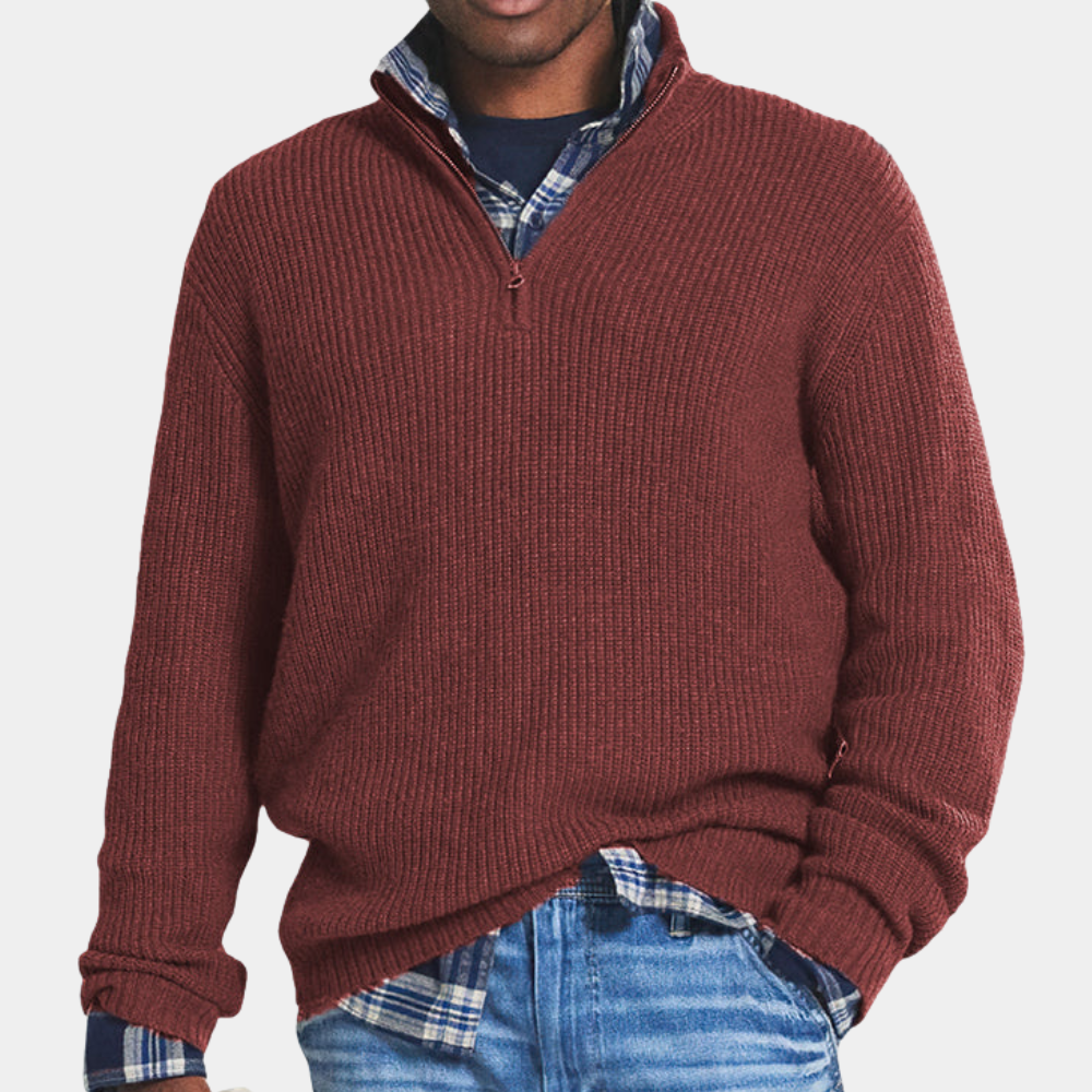 Men's Half Zip Ribbed Knit Sweater With Stand Collar Relaxed Fit Navy Blue TrendAura