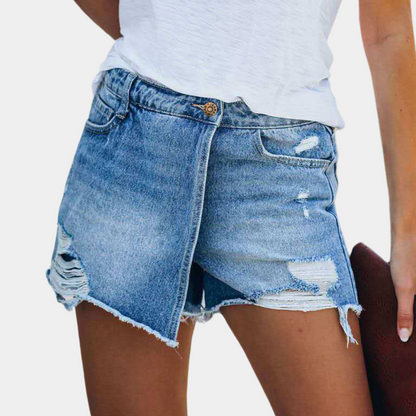 Lisa Asymmetric Denim Shorts For Women Comfortable Fit And Trendy Edges For Summer Adventures