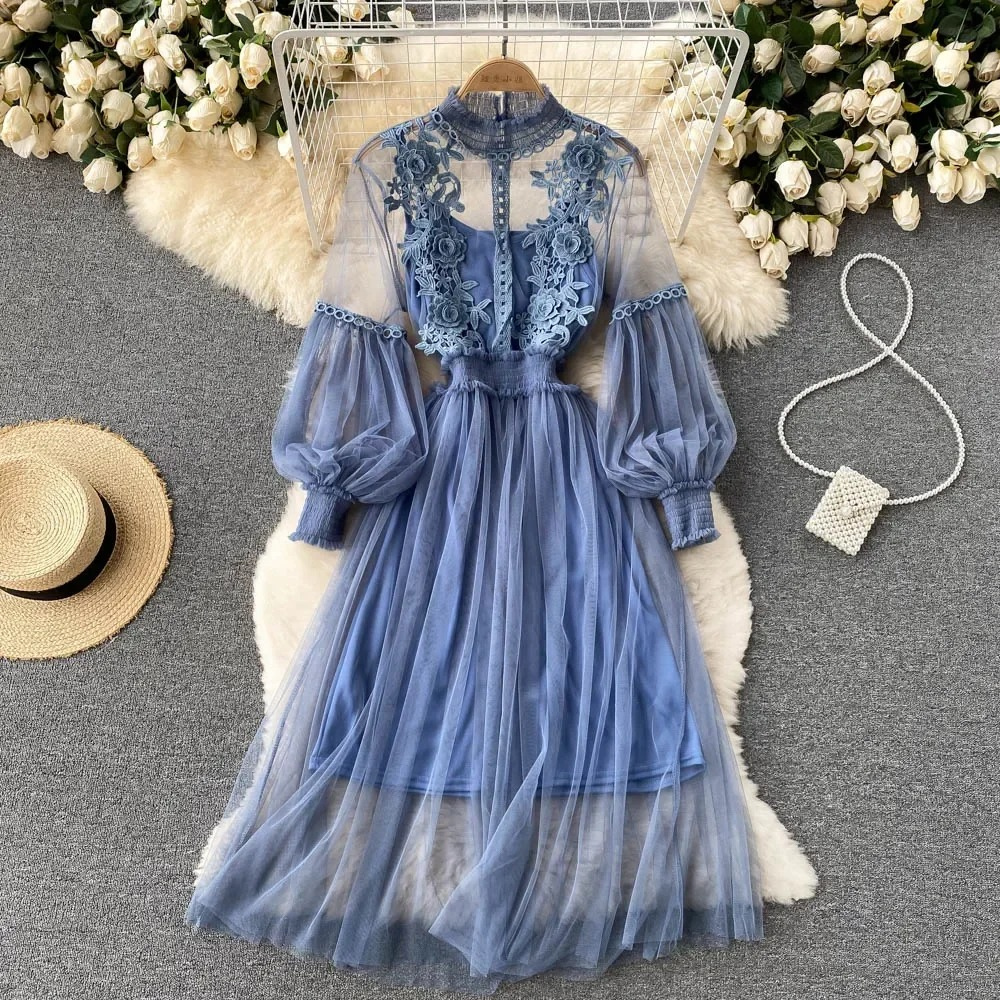 Dress for women - High collar - Lace & embroidery - Long puff sleeves - Tulle skirt