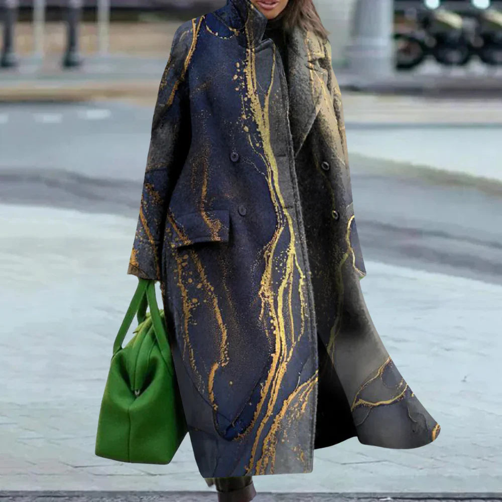 Women’s Overcoat – Wool Blend – Oversized Fit – Full Length – Abstract Pattern – Button Front