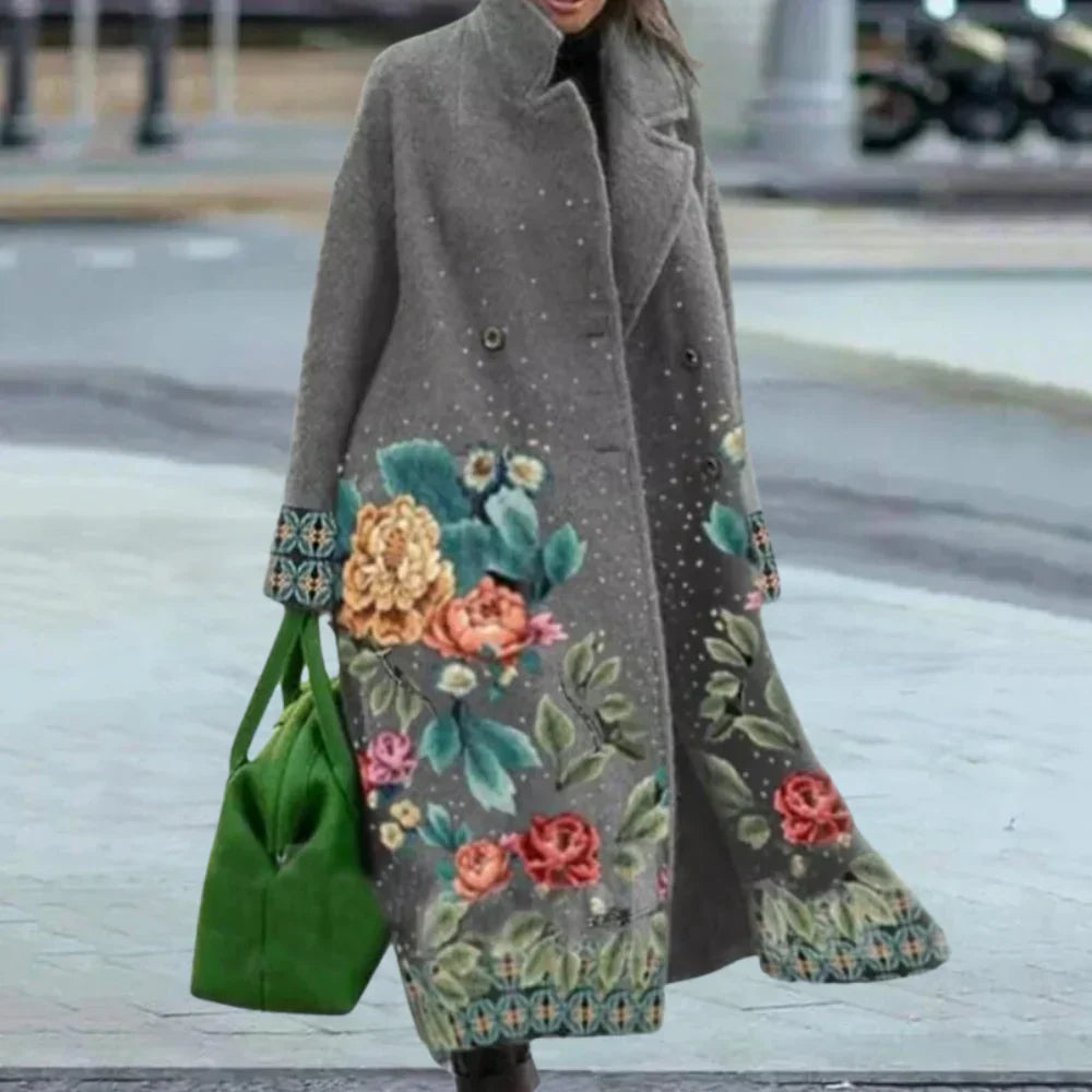 Women’s Overcoat – Wool Blend – Oversized Fit – Full Length – Abstract Pattern – Button Front