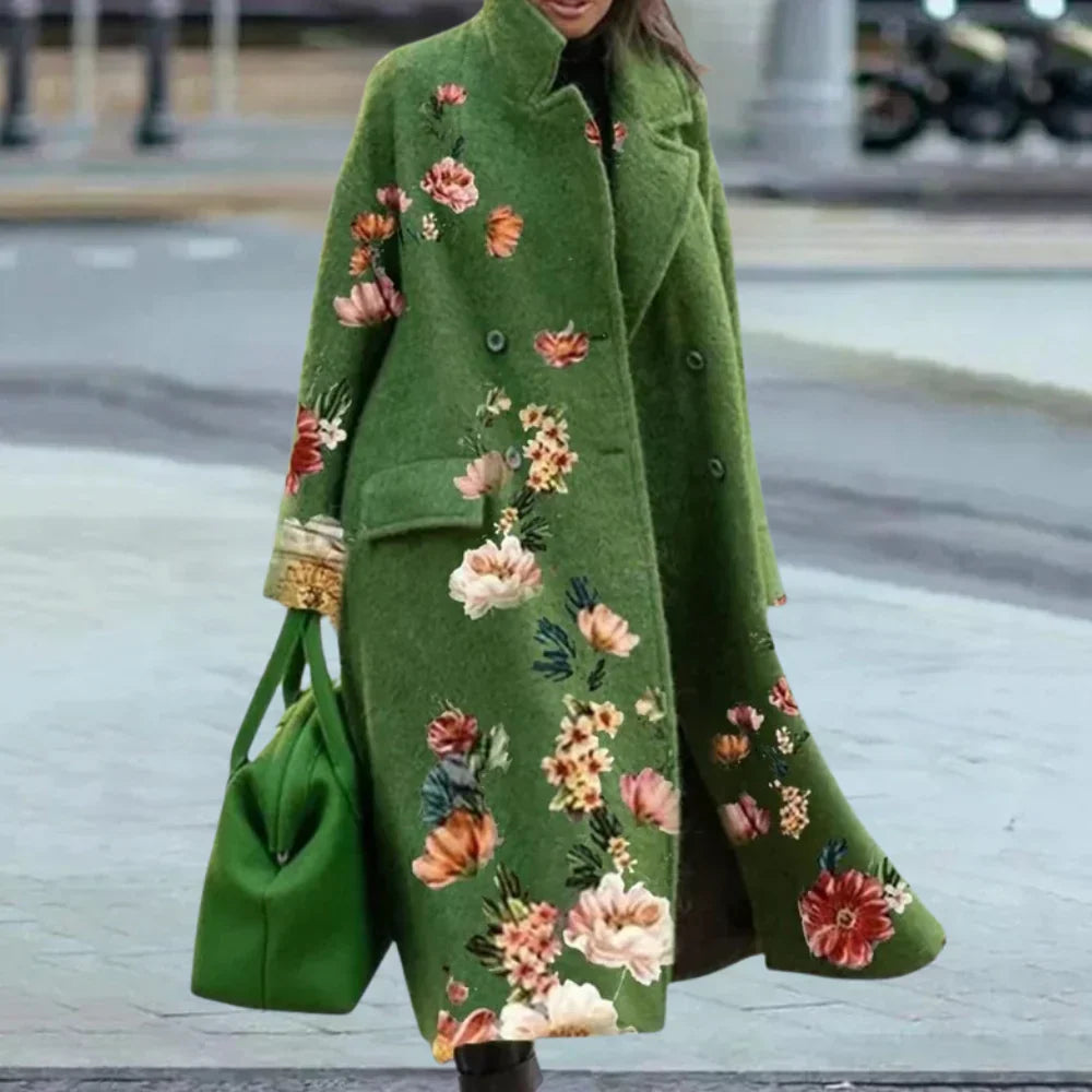 Women’s Overcoat – Wool Blend – Oversized Fit – Full Length – Abstract Pattern – Button Front