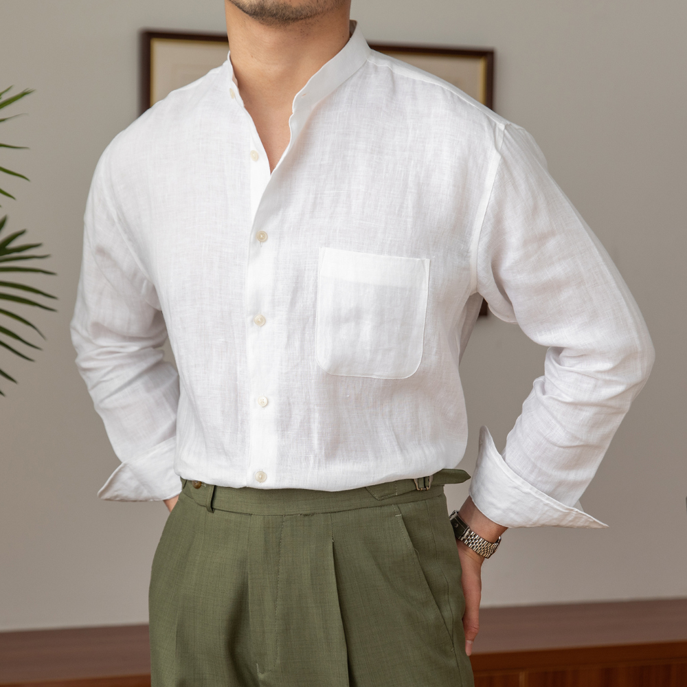 Men's Breathable Linen Blend Shirt With Mandarin Collar, Relaxed Fit, Long Sleeve