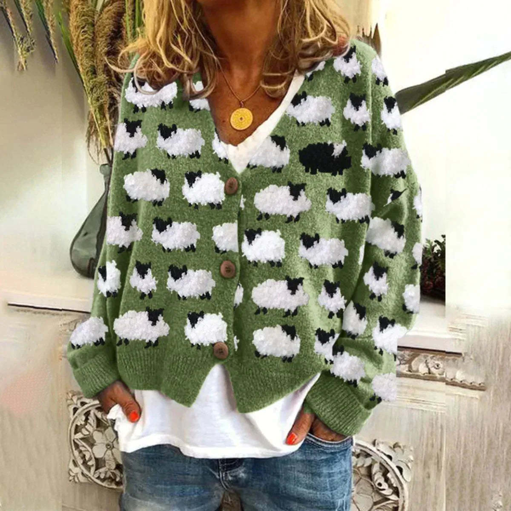 Women's Cardigan - Relaxed Fit - V-neck - Button Closure - Soft Knit with Fun Sheep Motif
