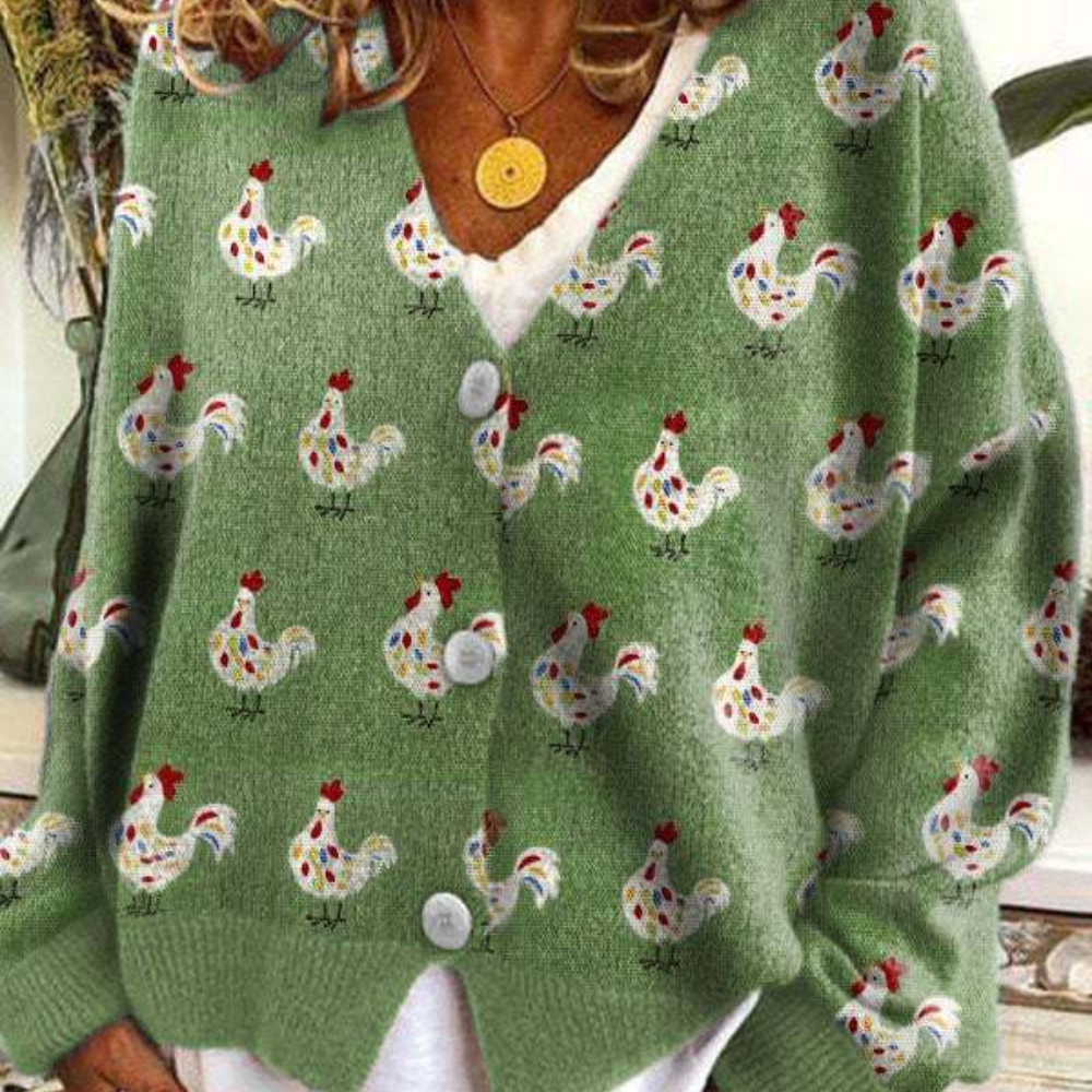 Women's Cardigan - Relaxed Fit - V-neck - Button Closure - Soft Knit with Fun Sheep Motif