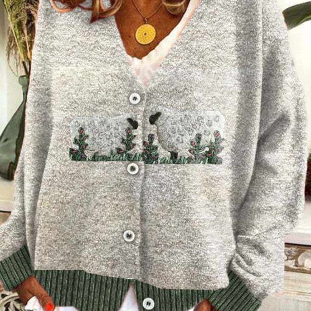 Women's Cardigan - Relaxed Fit - V-neck - Button Closure - Soft Knit with Fun Sheep Motif