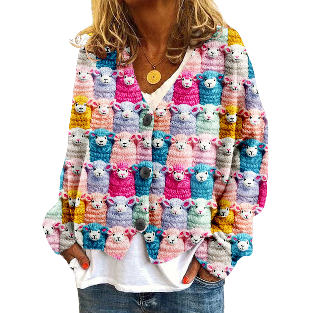 Women's Cardigan - Relaxed Fit - V-neck - Button Closure - Soft Knit with Fun Sheep Motif
