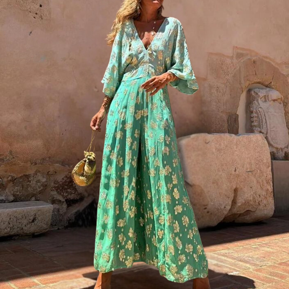 Women's Maxi Dress - Loose Fit - V-Neck - Kimono Sleeves - Light and Elegant