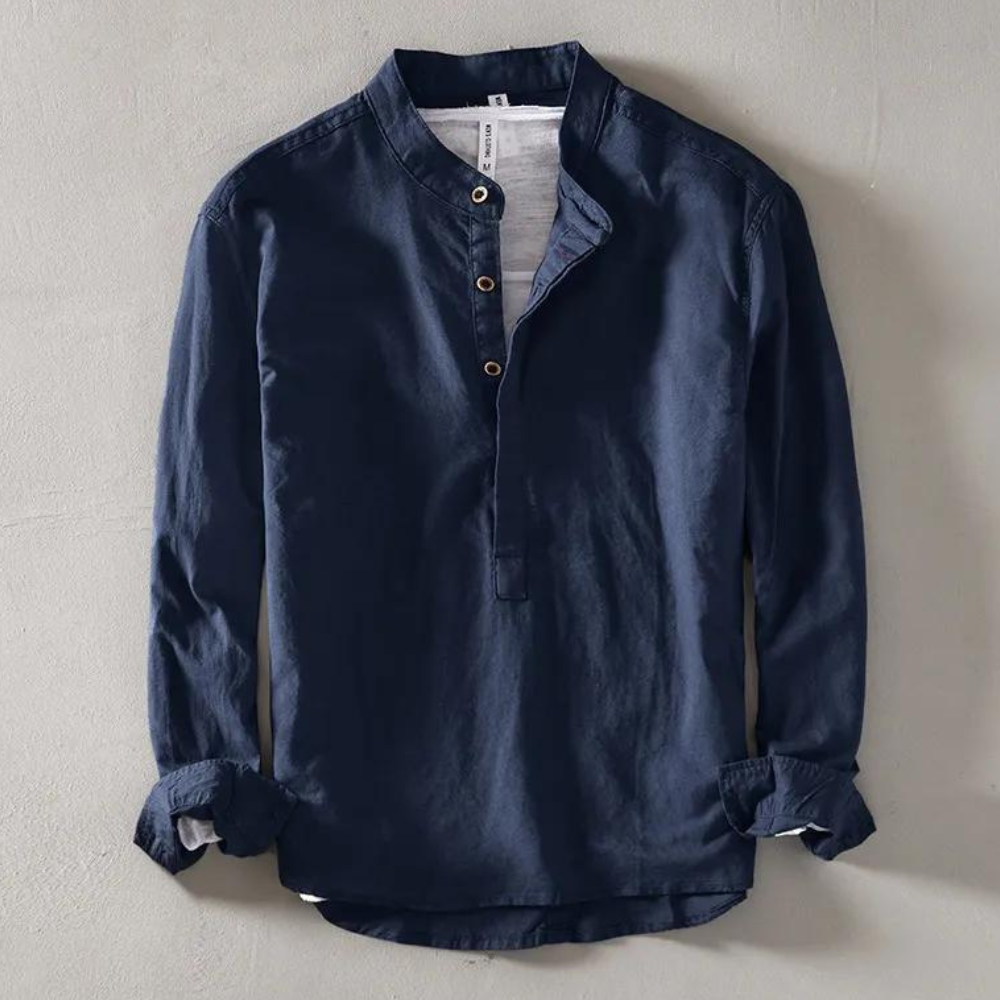 Men's Long Sleeve Henley Shirt With Mandarin Collar In Breathable Cotton Linen Blend