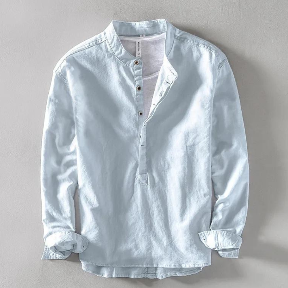 Men's Long Sleeve Henley Shirt With Mandarin Collar In Breathable Cotton Linen Blend