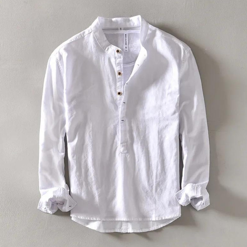 Men's Long Sleeve Henley Shirt With Mandarin Collar In Breathable Cotton Linen Blend