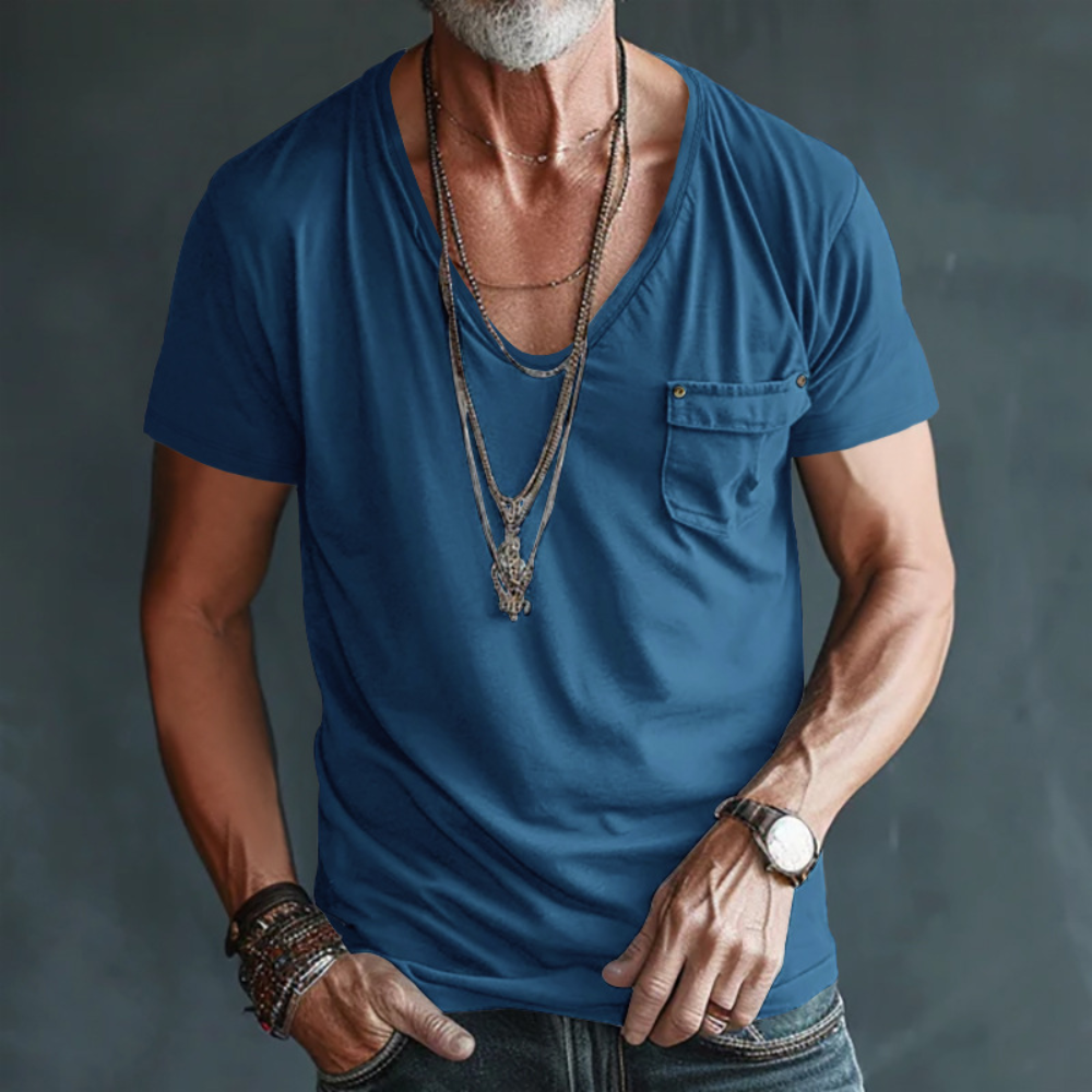 Men's V Neck T Shirt With Chest Pocket Short Sleeves Relaxed Fit For Everyday Wear Nordic Flair