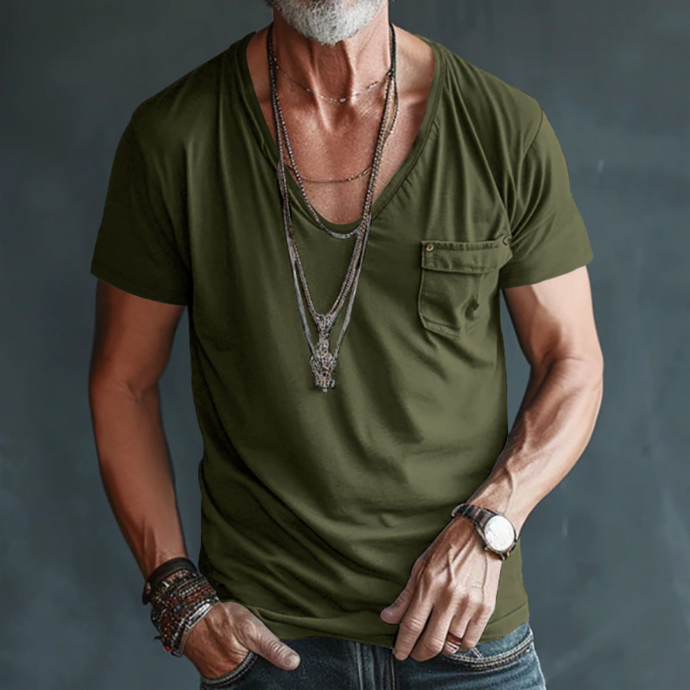 Men's V Neck T Shirt With Chest Pocket Short Sleeves Relaxed Fit For Everyday Wear Nordic Flair