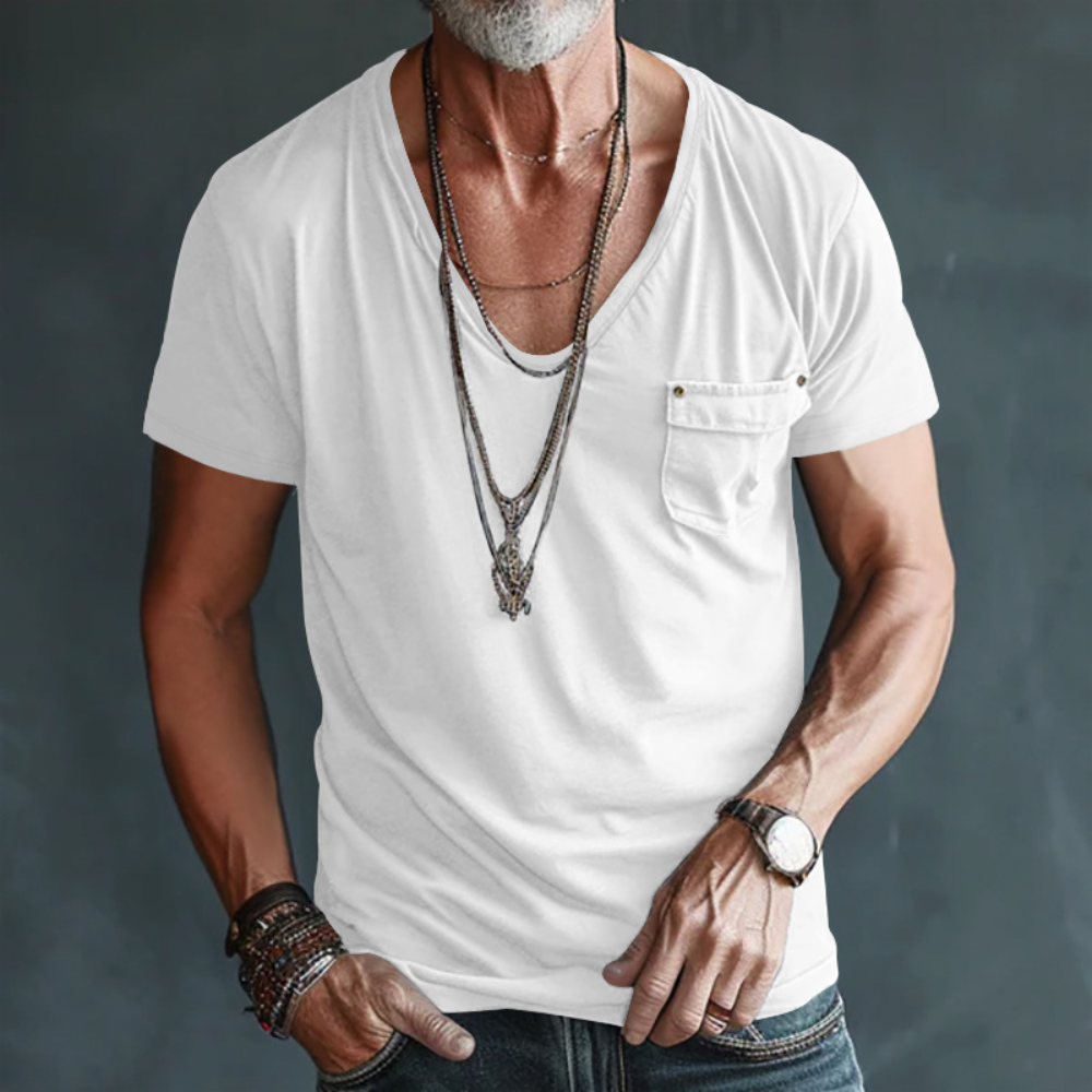 Men's V Neck T Shirt With Chest Pocket Short Sleeves Relaxed Fit For Everyday Wear Nordic Flair