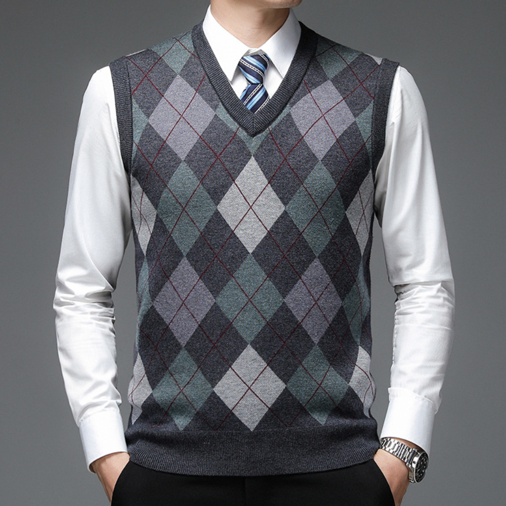 Mens Knitted Argyle Pattern Sweater Vest V Neck Tailored Fit For Casual And Formal Attire