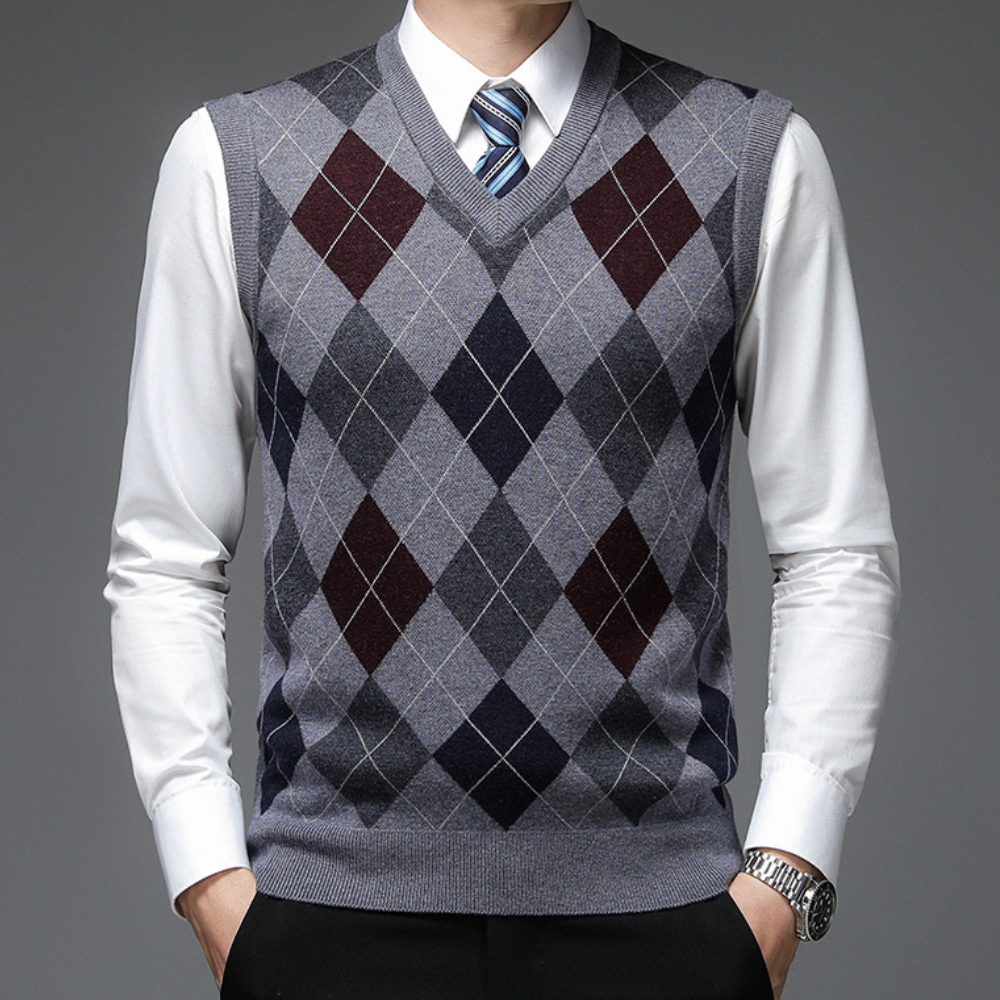 Mens Knitted Argyle Pattern Sweater Vest V Neck Tailored Fit For Casual And Formal Attire