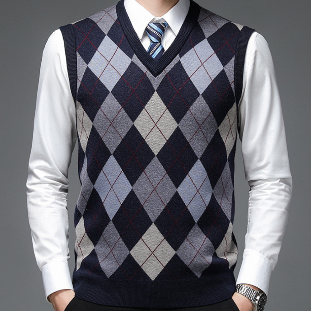Mens Knitted Argyle Pattern Sweater Vest V Neck Tailored Fit For Casual And Formal Attire