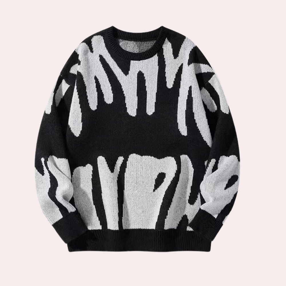 Mens Knitted Sweater With Abstract Pattern Nordic Inspired Relaxed Fit Round Neck Long Sleeves Warm Winter Knit