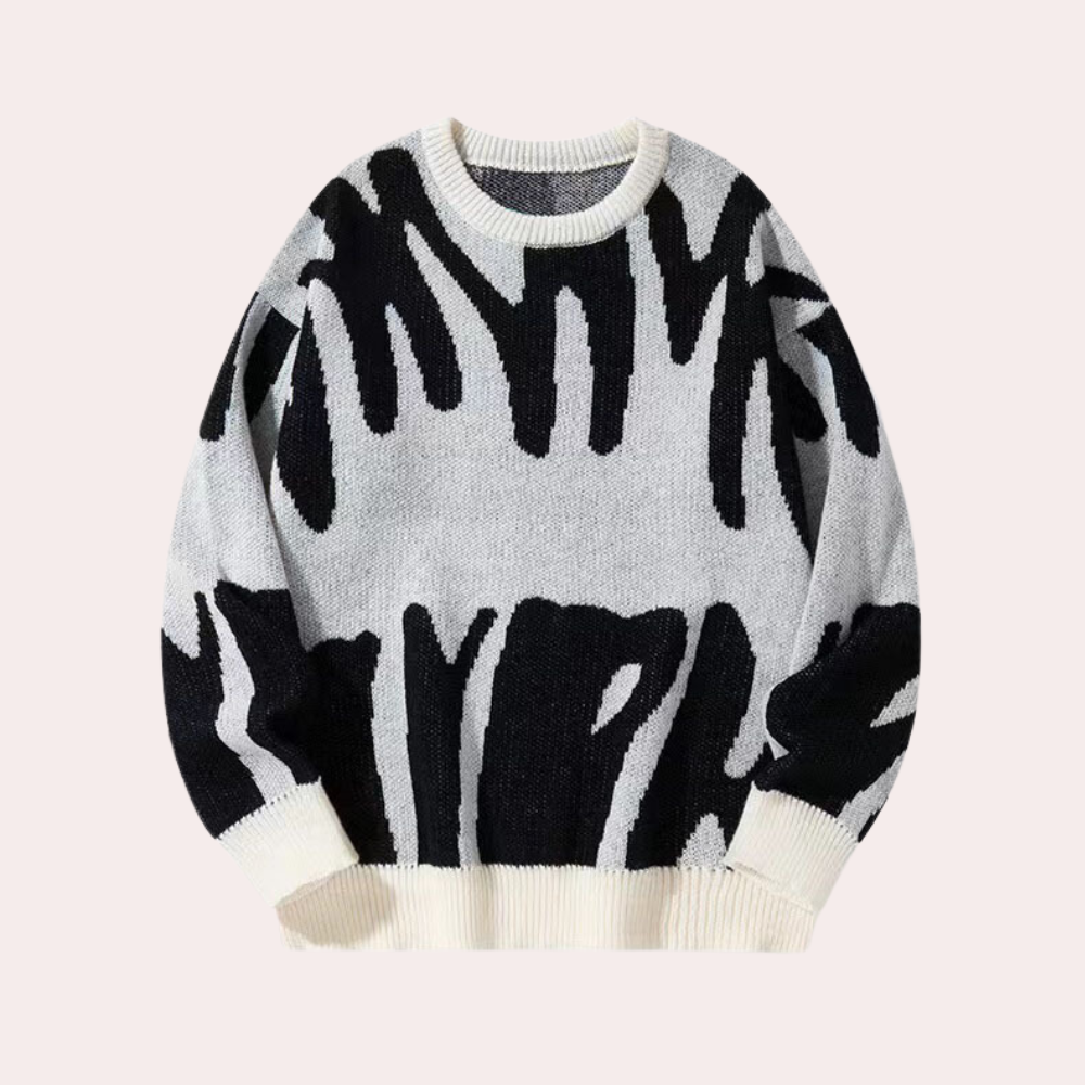 Mens Knitted Sweater With Abstract Pattern Nordic Inspired Relaxed Fit Round Neck Long Sleeves Warm Winter Knit