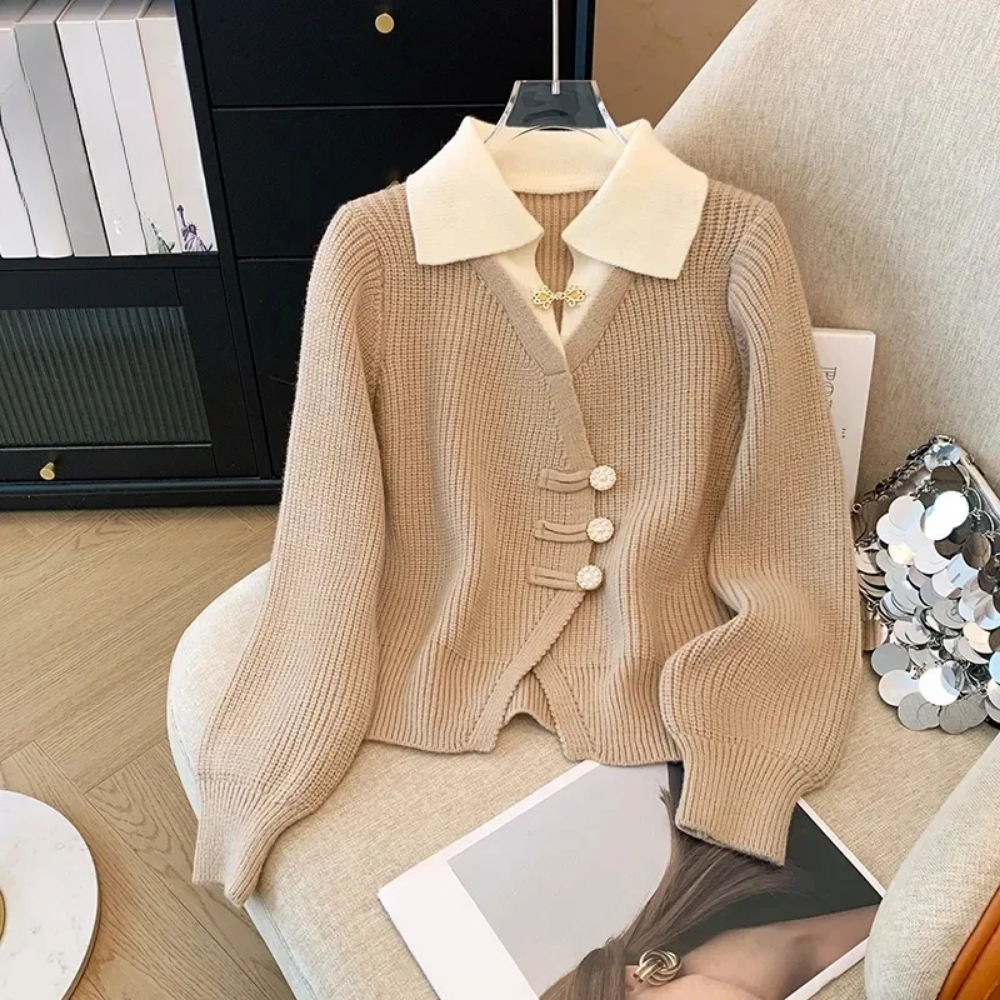 Women’s Cardigan Sweater - Knit - Relaxed Fit - V-Neck - Long Puff Sleeves