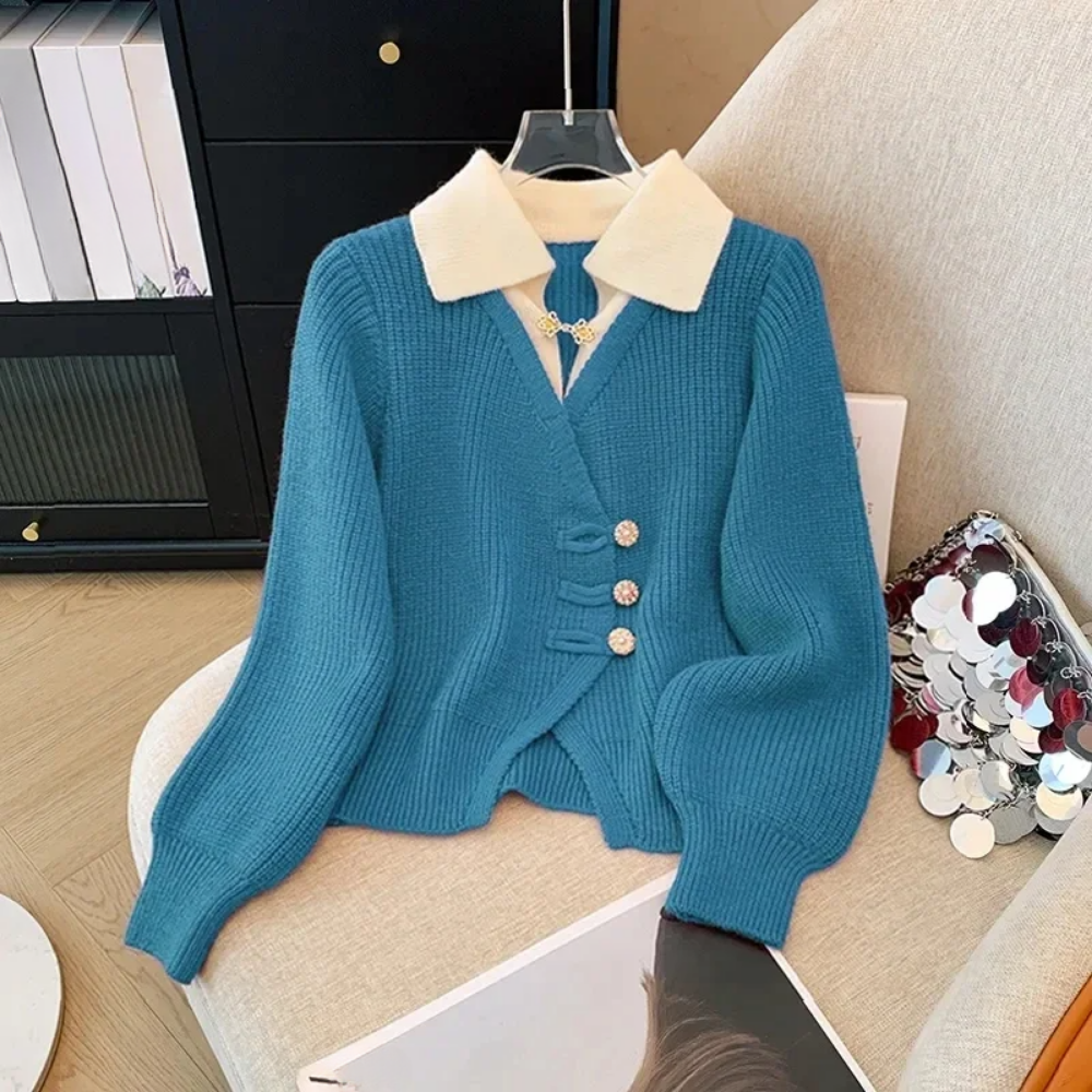 Women’s Cardigan Sweater - Knit - Relaxed Fit - V-Neck - Long Puff Sleeves