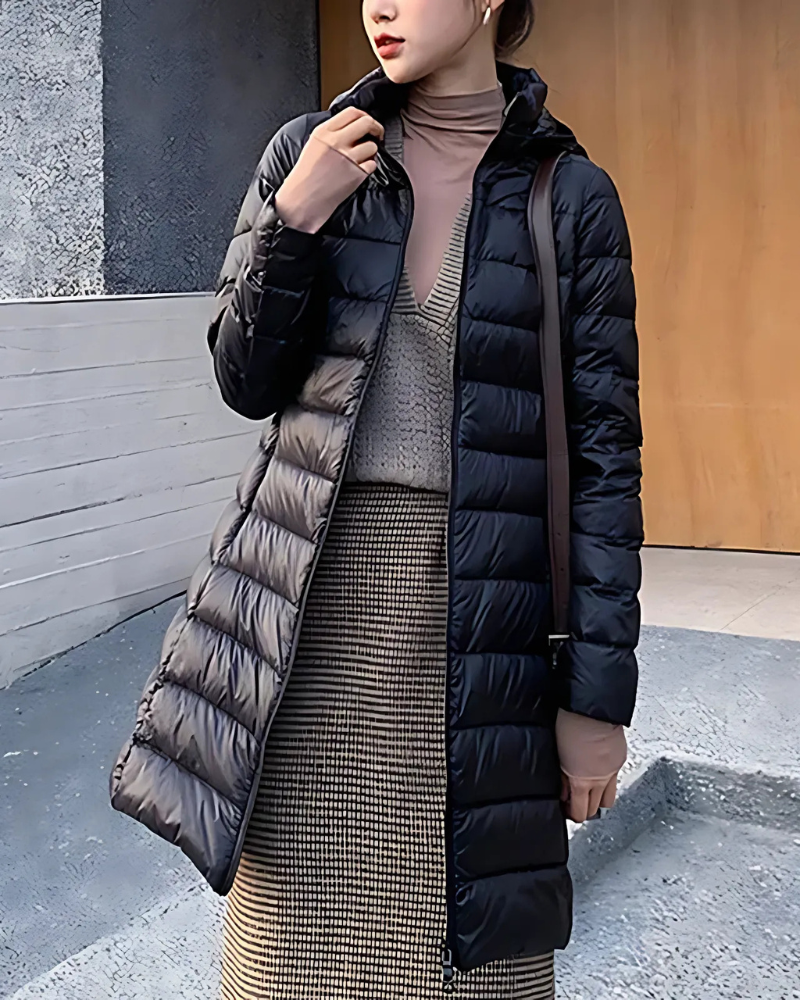 Women’s Puffer Jacket – Slim Fit – Mid-Length – Quilted Insulated Hooded Design