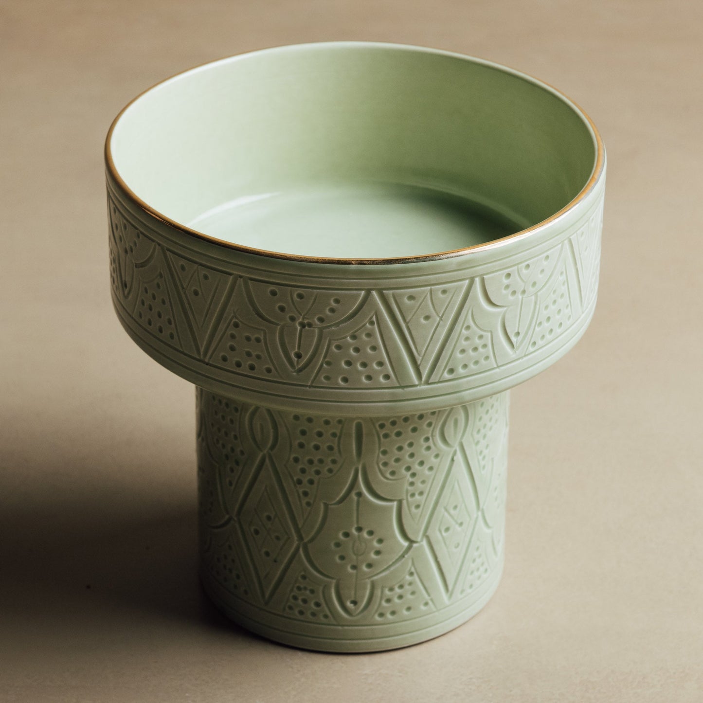 Zagora Green Pedestal Bowl - Handcrafted with 12 Carat Gold Accents - TrendAura
