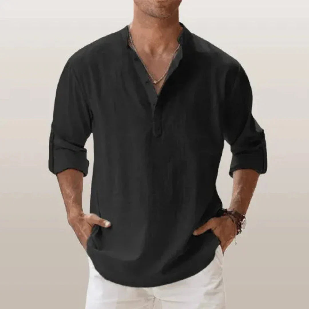 Waylynn Cairo Linen Roll Up Sleeves Henley Shirt for Men Breathable Linen Cotton Blend Casual Button Top