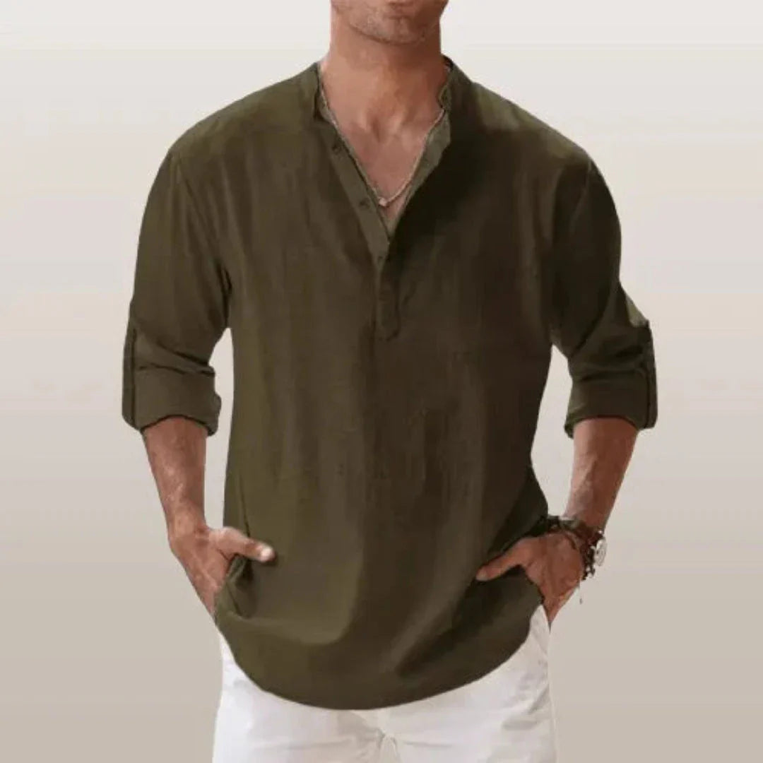 Waylynn Cairo Linen Roll Up Sleeves Henley Shirt for Men Breathable Linen Cotton Blend Casual Button Top