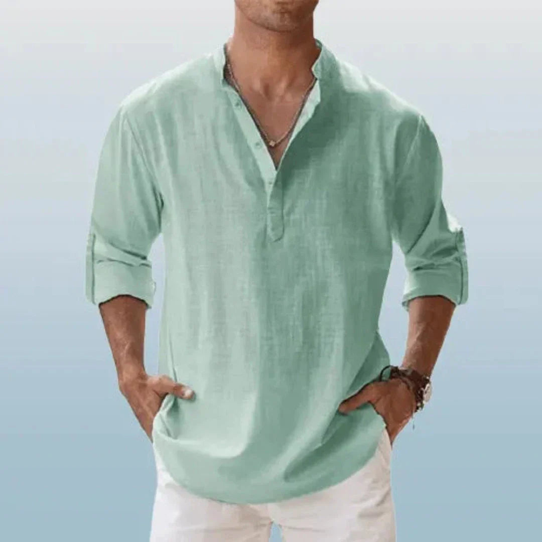 Waylynn Cairo Linen Roll Up Sleeves Henley Shirt for Men Breathable Linen Cotton Blend Casual Button Top