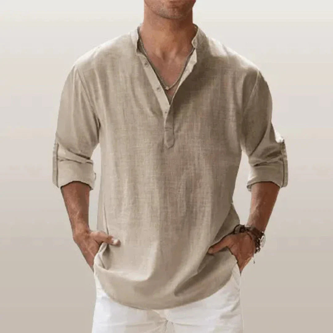 Waylynn Cairo Linen Roll Up Sleeves Henley Shirt for Men Breathable Linen Cotton Blend Casual Button Top