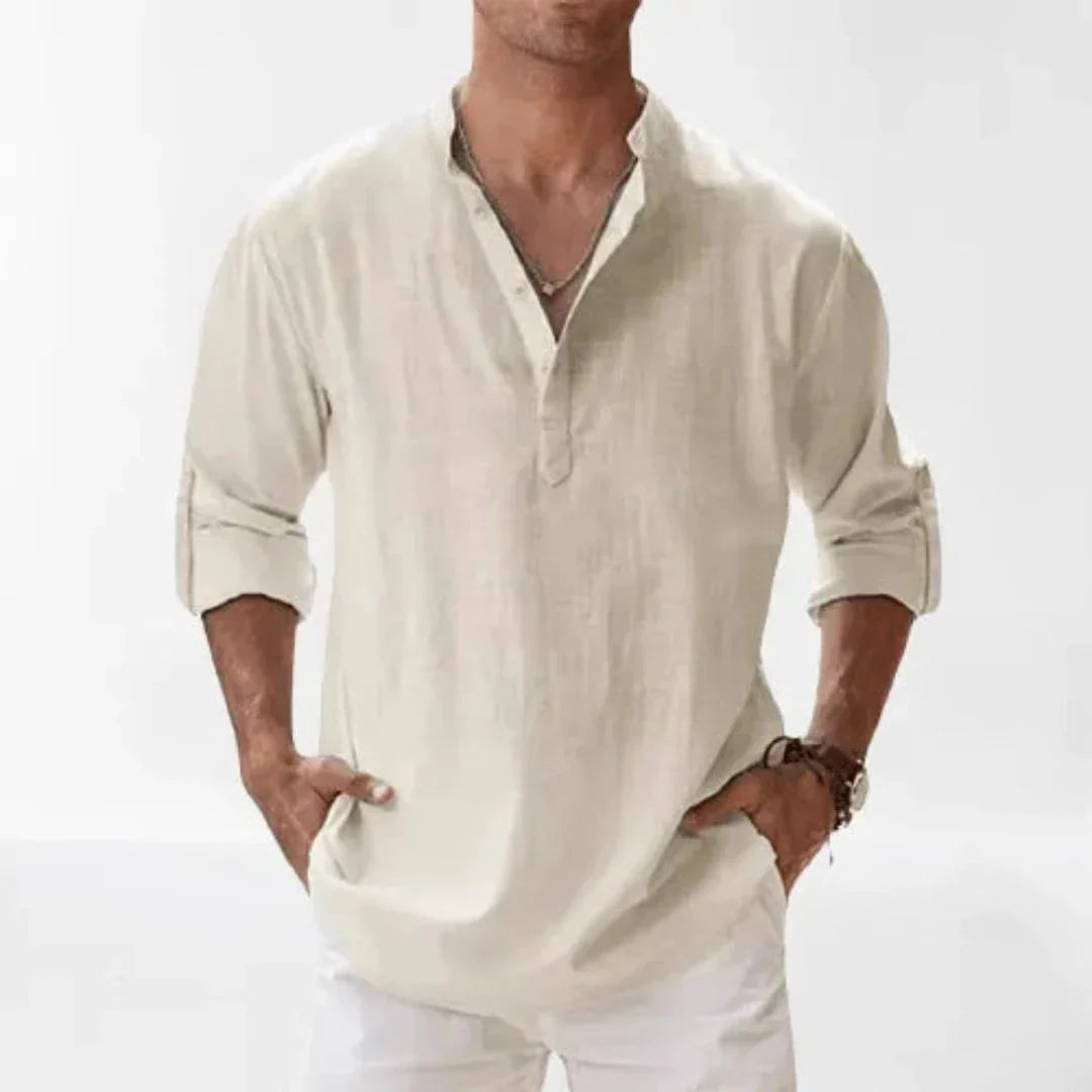 Waylynn Cairo Linen Roll Up Sleeves Henley Shirt for Men Breathable Linen Cotton Blend Casual Button Top