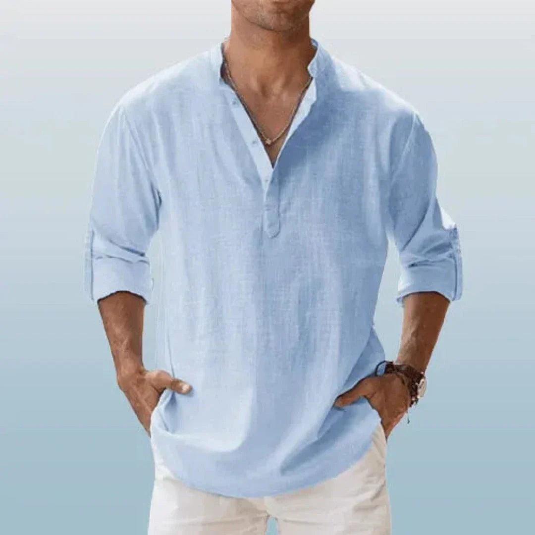 Waylynn Cairo Linen Roll Up Sleeves Henley Shirt for Men Breathable Linen Cotton Blend Casual Button Top