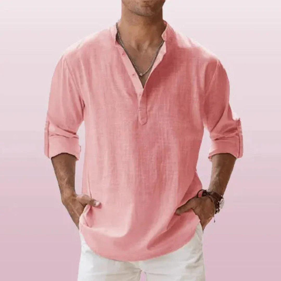 Waylynn Cairo Linen Roll Up Sleeves Henley Shirt for Men Breathable Linen Cotton Blend Casual Button Top