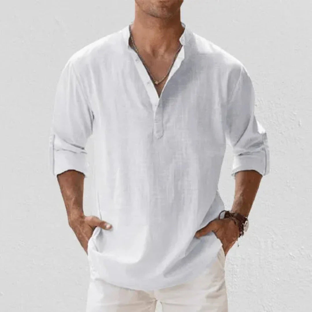 Waylynn Cairo Linen Roll Up Sleeves Henley Shirt for Men Breathable Linen Cotton Blend Casual Button Top