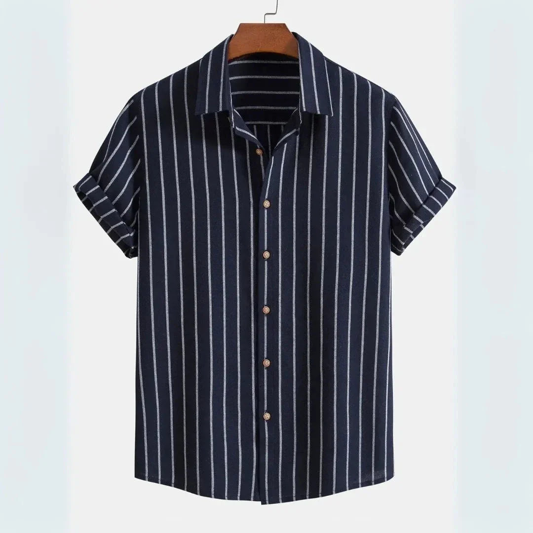 Waylynn Callum Vertical Stripe Linen Blend Short Sleeve Shirt For Men Breathable Button Up Casual Formal Style