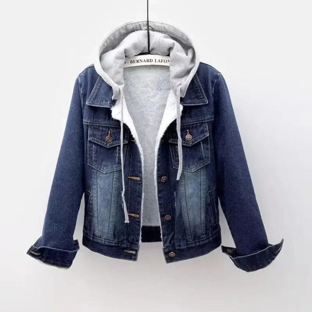 TrendAura Sherpa-Lined Denim Hoodie Jacket With Detachable Fleece Hood For Urban Cold Weather Warmth